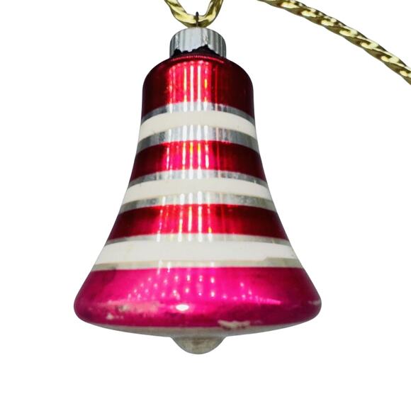 Auth Vintage Shiny Brite Striped Bell Glass Ornament 3" Pink Red Silver White - Picture 9 of 9